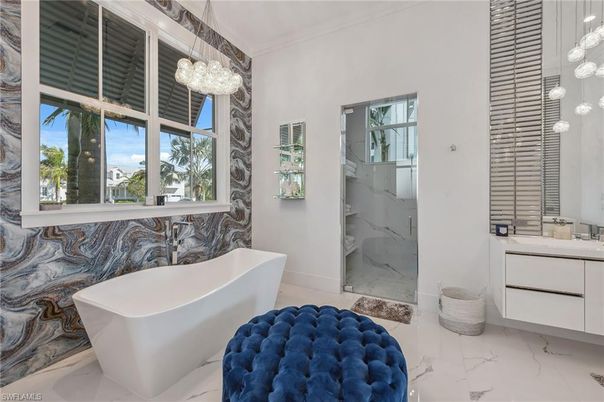 Bathroom, Free Standing Baths, Interior, Marble, Marble Walls, Pendant Lights