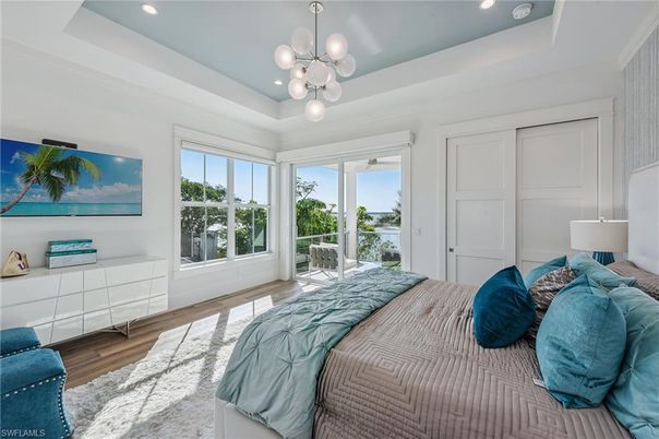 Bedroom, Interior, Pendant Lights, Recessed Lighting, Wood Texture Flooring