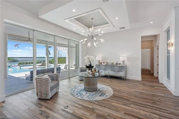 Interior, Living room, Pendant Lights, Recessed Lighting, Water, Wood Texture Flooring