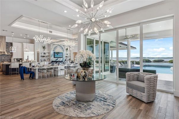 Dining room, Interior, Kitchen, Living room, Pendant Lights, Recessed Lighting, Water, Wood Texture Flooring