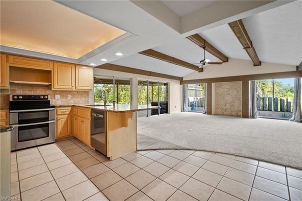 Interior, Kitchen, Recessed Lighting, Stainless Steel Appliances, Stone Walls, Wooden Beams