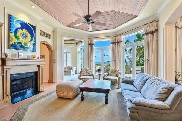 Fireplace, Interior, Living room, Recessed Lighting, Water, Wooden Ceilings, Wood Texture Flooring