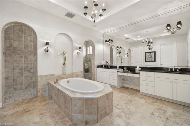 Bathroom, Chandelier, Dual Sink Vanities, Glass Shower, Interior, Pendant Lights