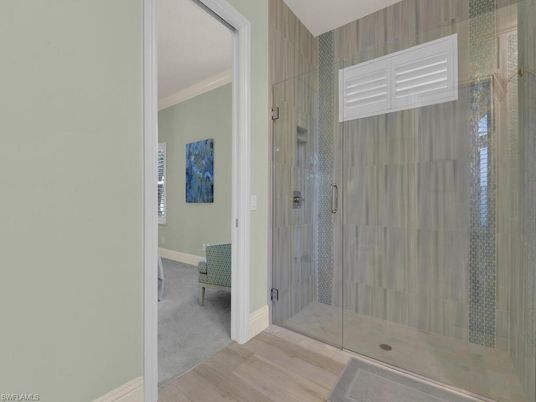 Bathroom, Glass Shower, Interior, Wood Texture Flooring