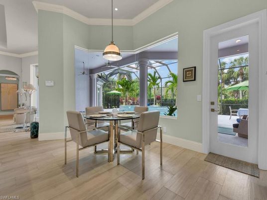Dining room, Interior, Pendant Lights, Recessed Lighting, Wood Texture Flooring