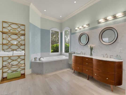 Bathroom, Dual Sink Vanities, Interior, Recessed Lighting, Wood Texture Flooring