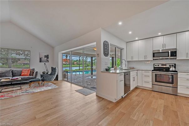 Interior, Kitchen, Living room, Recessed Lighting, Stainless Steel Appliances, Wood Texture Flooring