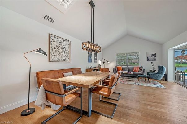 Dining room, Interior, Living room, Pendant Lights, Wood Texture Flooring