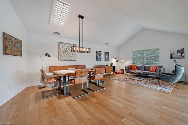 Dining room, Interior, Living room, Pendant Lights, Wood Texture Flooring