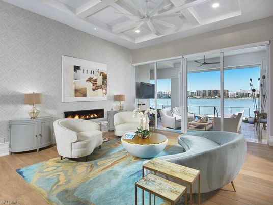Fireplace, Interior, Living room, Recessed Lighting, Water, Wood Texture Flooring