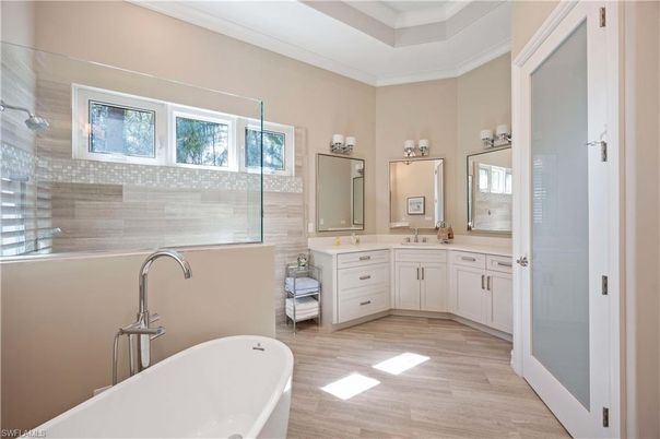 Bathroom, Dual Sink Vanities, Free Standing Baths, Interior, Wood Texture Flooring
