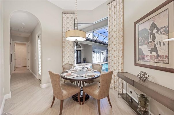 Dining room, Interior, Pendant Lights, Wood Texture Flooring