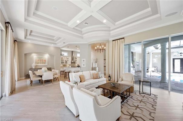 Chandelier, Dining room, Interior, Kitchen, Living room, Recessed Lighting, Wood Texture Flooring