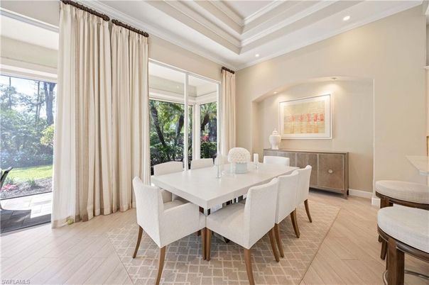 Dining room, Interior, Recessed Lighting, Wood Texture Flooring