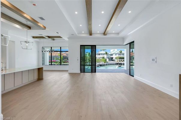 Empty room, Interior, Pendant Lights, Recessed Lighting, Wooden Beams, Wood Texture Flooring