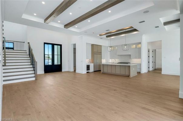 Interior, Kitchen, Pendant Lights, Recessed Lighting, Stainless Steel Appliances, Wooden Beams, Wood Texture Flooring
