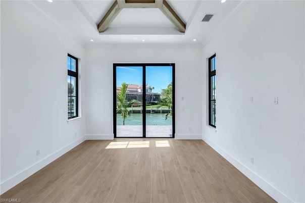 Empty room, Interior, Recessed Lighting, Wooden Beams, Wood Texture Flooring