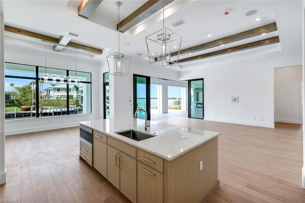 Interior, Kitchen, Pendant Lights, Recessed Lighting, Wooden Beams, Wood Texture Flooring