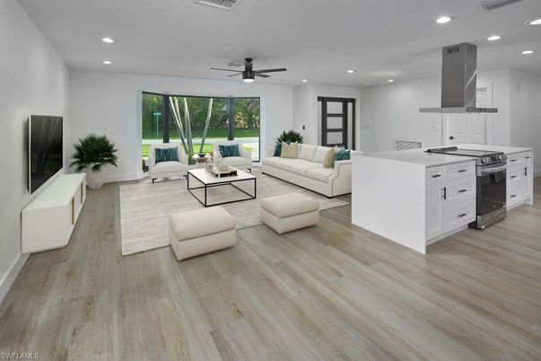 Interior, Kitchen, Living room, Recessed Lighting, Wood Texture Flooring