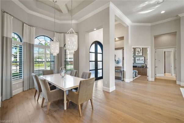 Dining room, Interior, Pendant Lights, Recessed Lighting, Wood Texture Flooring
