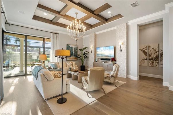 Chandelier, Interior, Living room, Recessed Lighting, Wooden Beams, Wood Texture Flooring