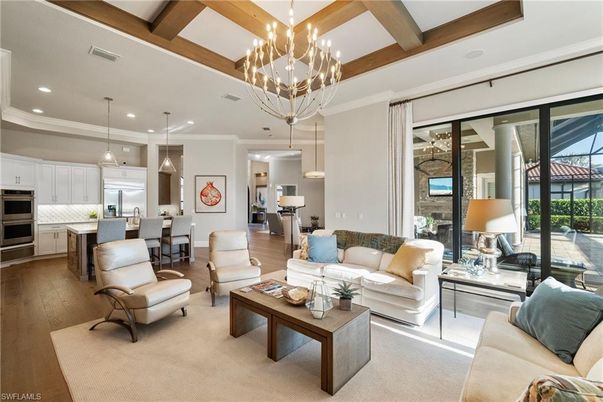 Chandelier, Dining room, Interior, Kitchen, Living room, Pendant Lights, Recessed Lighting, Stainless Steel Appliances, Wooden Beams, Wood Texture Flooring