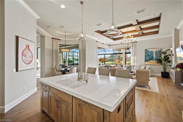 Chandelier, Dining room, Interior, Living room, Pendant Lights, Recessed Lighting, Wooden Beams, Wood Texture Flooring