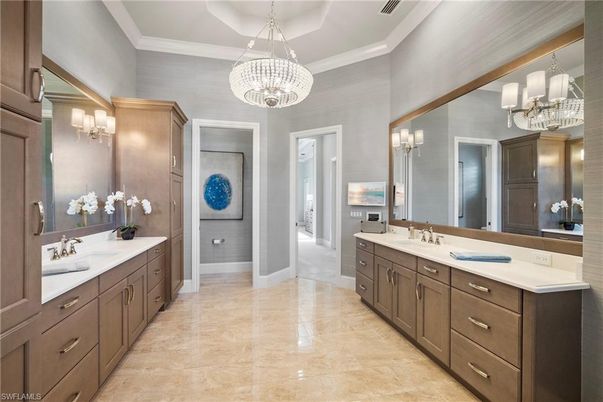 Bathroom, Chandelier, Dual Sink Vanities, Interior, Pendant Lights