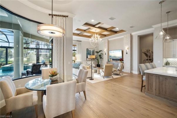 Chandelier, Dining room, Interior, Living room, Pendant Lights, Recessed Lighting, Wooden Beams, Wood Texture Flooring