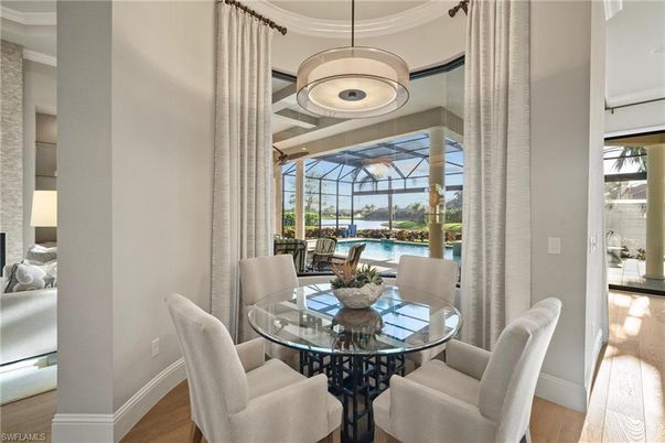 Dining room, Glass Ceilings, Interior, Pendant Lights, Sun Room, Water, Wood Texture Flooring