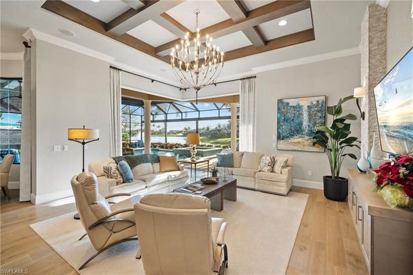 Chandelier, Interior, Living room, Pendant Lights, Recessed Lighting, Wooden Beams, Wood Texture Flooring