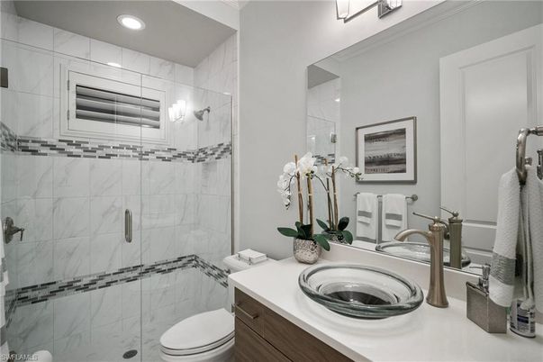 Bathroom, Glass Shower, Interior, Marble Walls, Recessed Lighting