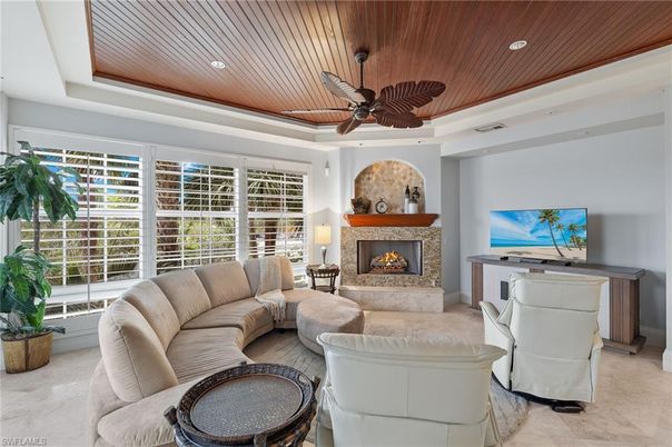 Fireplace, Interior, Living room, Recessed Lighting, Wooden Ceilings