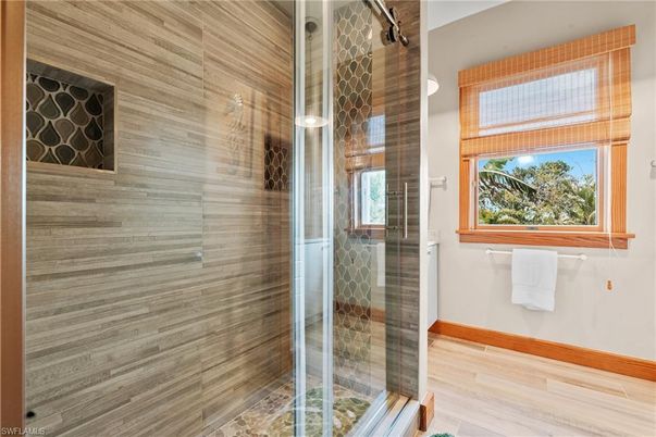 Bathroom, Glass Shower, Interior, Wood Texture Flooring