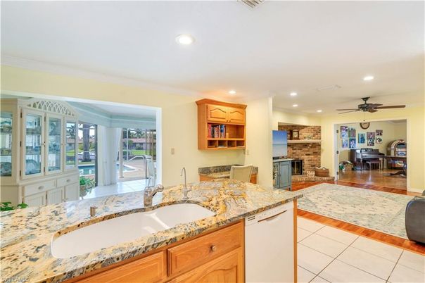 Dining room, Fireplace, Interior, Kitchen, Recessed Lighting, Stone Walls