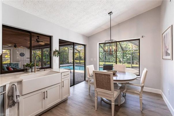 Dining room, Interior, Living room, Pendant Lights, Pool, Wood Texture Flooring