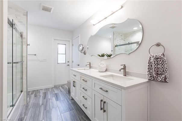 Bathroom, Dual Sink Vanities, Glass Shower, Interior, Wood Texture Flooring