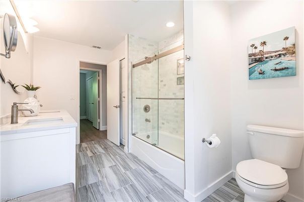 Bathroom, Glass Shower, Interior, Recessed Lighting, Wood Texture Flooring