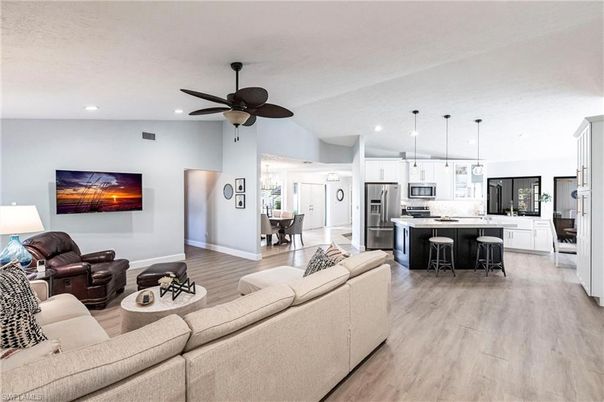 Dining room, Interior, Kitchen, Living room, Pendant Lights, Recessed Lighting, Stainless Steel Appliances, Wood Texture Flooring