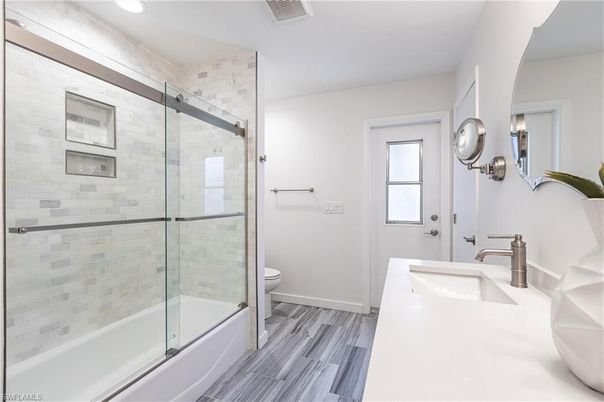 Bathroom, Glass Shower, Interior, Recessed Lighting, Wood Texture Flooring