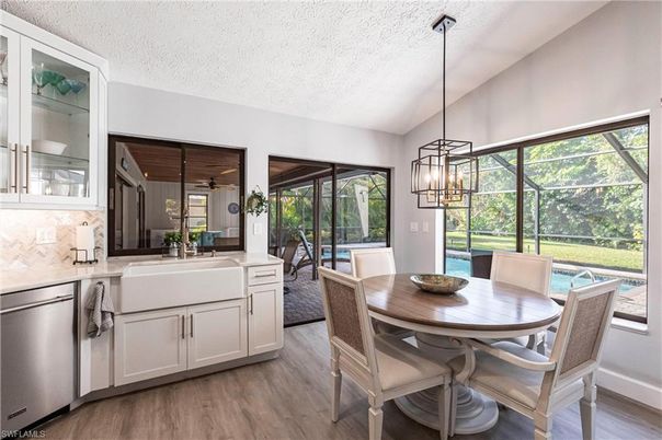 Dining room, Interior, Pendant Lights, Wood Texture Flooring