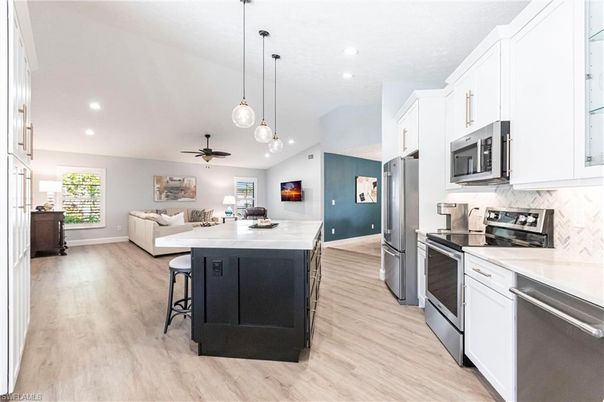 Interior, Kitchen, Living room, Pendant Lights, Recessed Lighting, Stainless Steel Appliances, Wood Texture Flooring