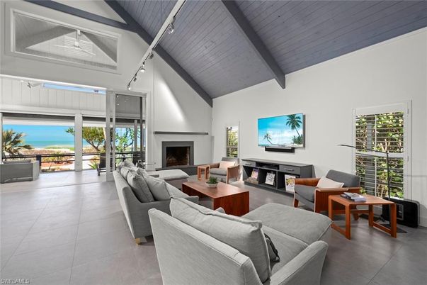 Fireplace, Interior, Living room, Water, Wooden Ceilings