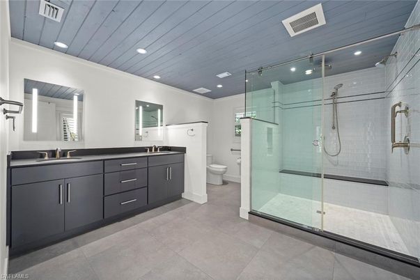 Bathroom, Dual Sink Vanities, Glass Shower, Interior, Recessed Lighting