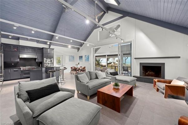Dining room, Fireplace, Interior, Kitchen, Living room, Pendant Lights, Recessed Lighting, Stainless Steel Appliances