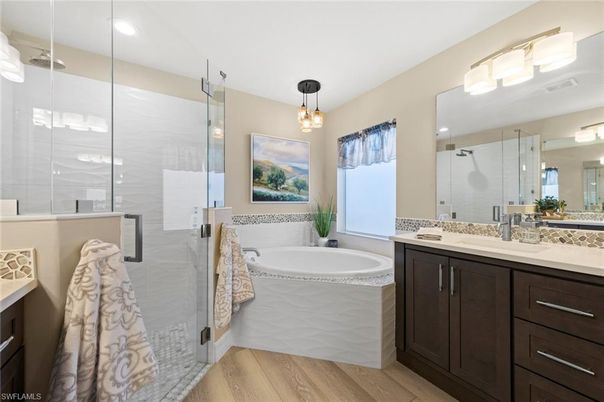 Bathroom, Glass Shower, Interior, Pendant Lights, Recessed Lighting, Wood Texture Flooring