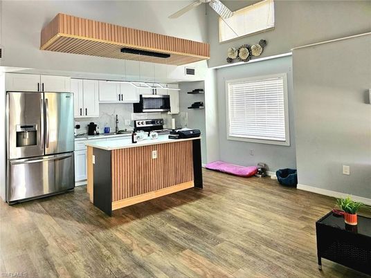 Interior, Kitchen, Pendant Lights, Stainless Steel Appliances, Wood Texture Flooring