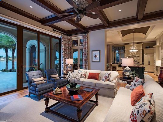 Interior, Living room, Pendant Lights, Recessed Lighting, Wooden Beams, Wood Texture Flooring