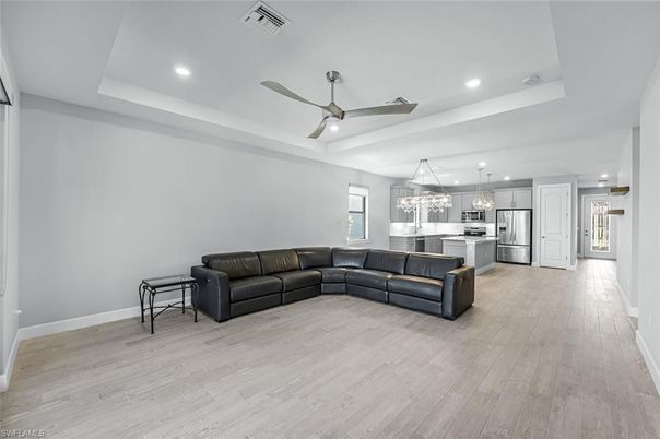 Interior, Kitchen, Living room, Pendant Lights, Recessed Lighting, Stainless Steel Appliances, Wood Texture Flooring