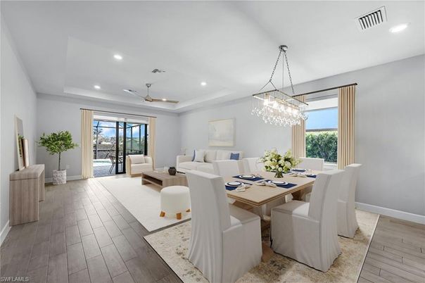Chandelier, Dining room, Interior, Living room, Recessed Lighting, Wood Texture Flooring